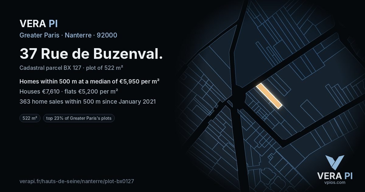 37 Rue de Buzenval, Nanterre at night – the plot lit, the parcels around coloured by the prices near them
