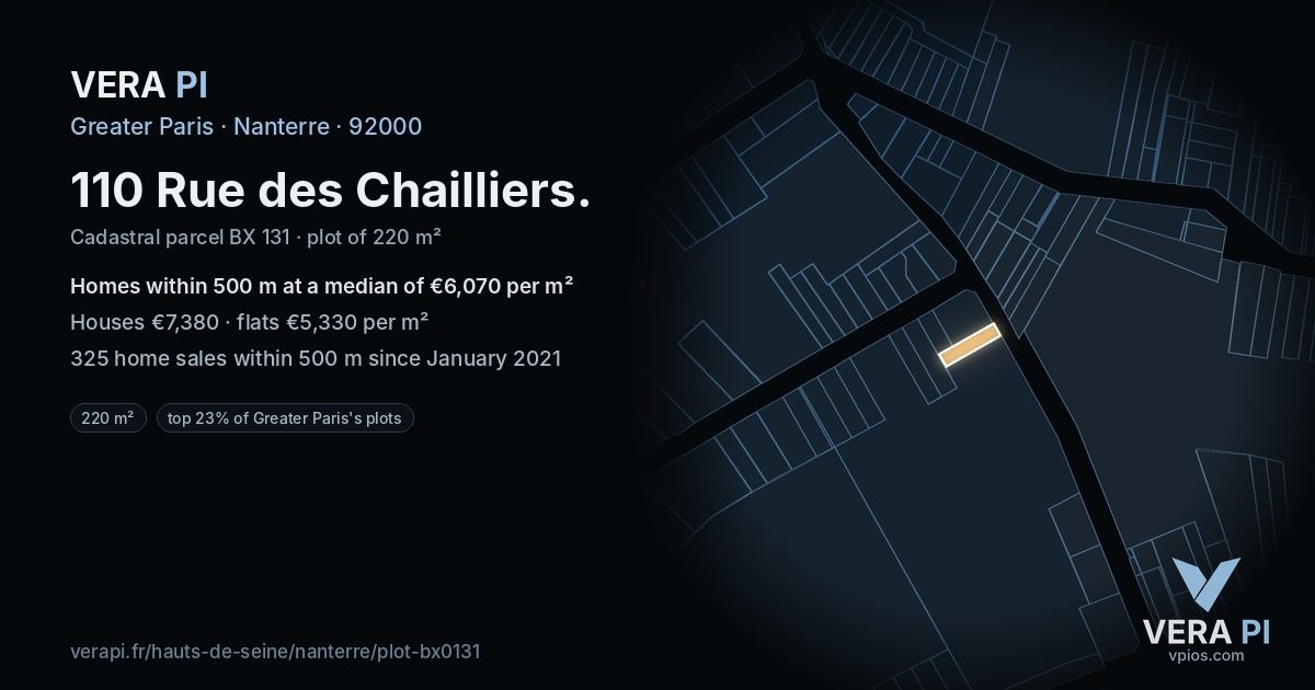 110 Rue des Chailliers, Nanterre at night – the plot lit, the parcels around coloured by the prices near them