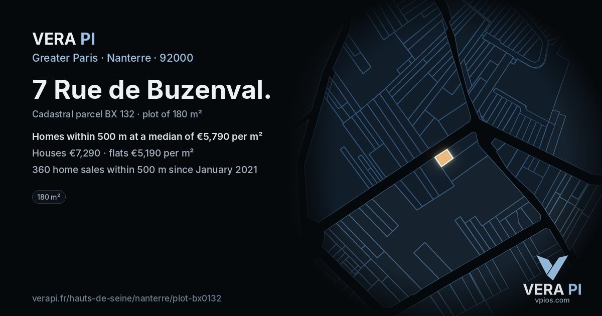 7 Rue de Buzenval, Nanterre at night – the plot lit, the parcels around coloured by the prices near them