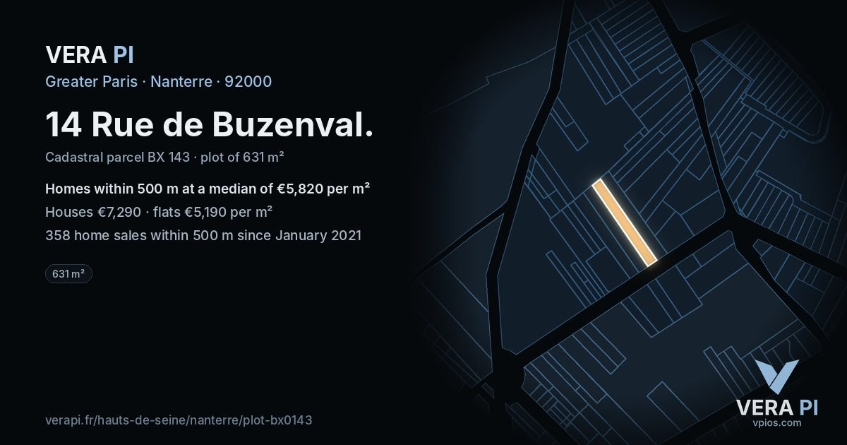 14 Rue de Buzenval, Nanterre at night – the plot lit, the parcels around coloured by the prices near them