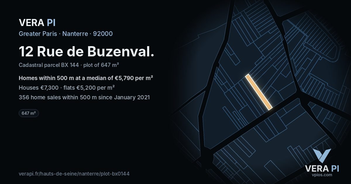 12 Rue de Buzenval, Nanterre at night – the plot lit, the parcels around coloured by the prices near them