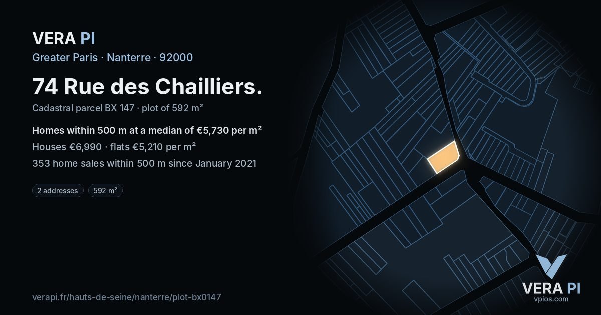 74 Rue des Chailliers, Nanterre at night – the plot lit, the parcels around coloured by the prices near them