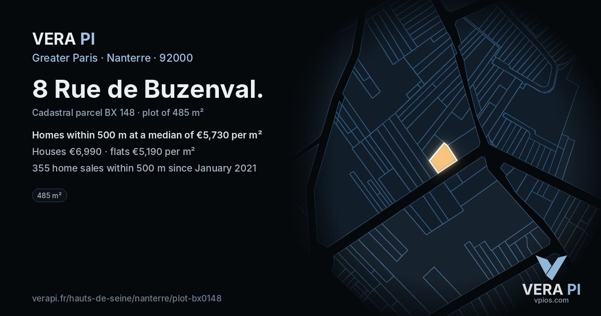 8 Rue de Buzenval, Nanterre at night – the plot lit, the parcels around coloured by the prices near them