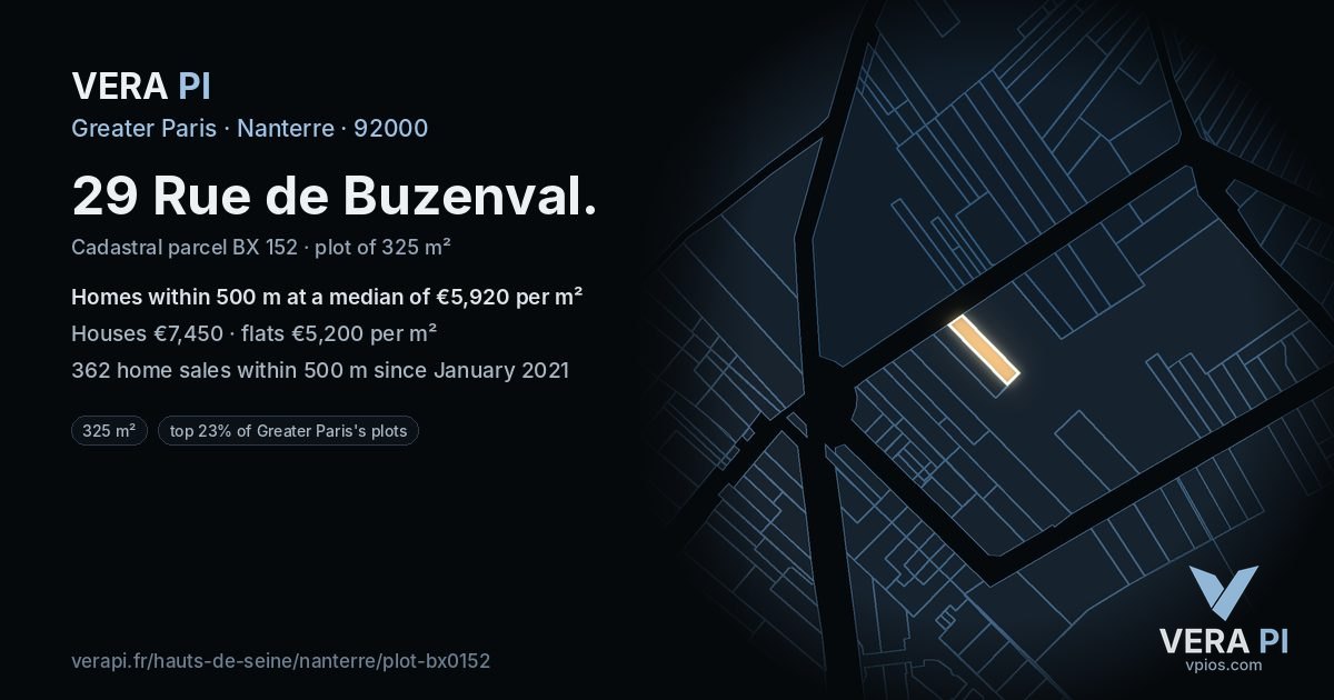 29 Rue de Buzenval, Nanterre at night – the plot lit, the parcels around coloured by the prices near them