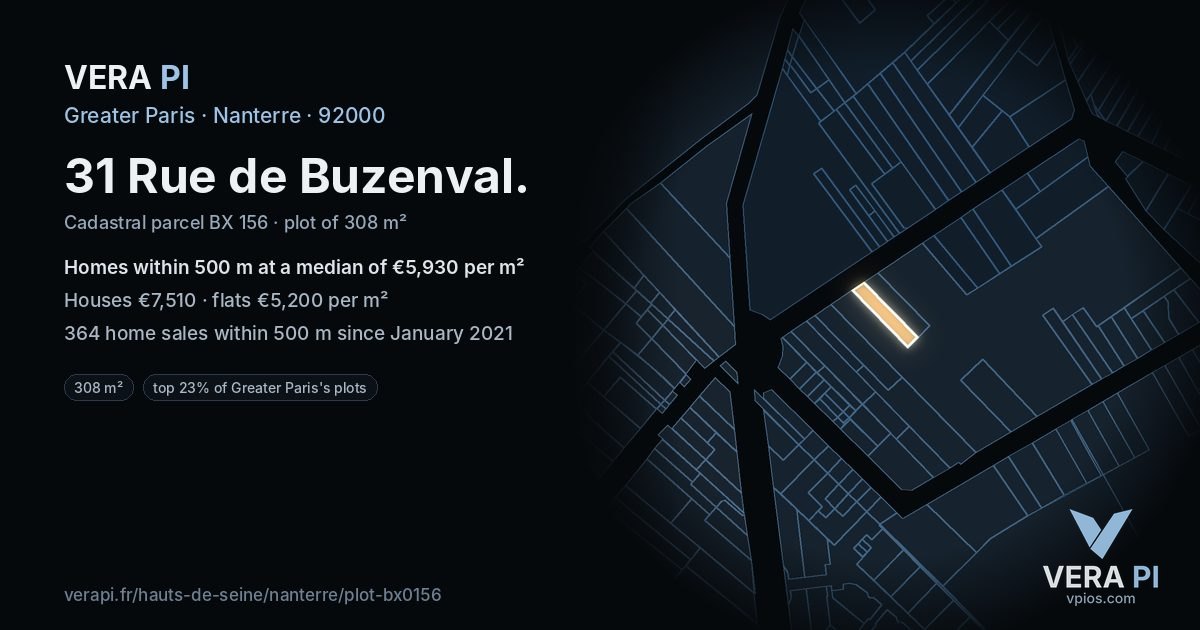 31 Rue de Buzenval, Nanterre at night – the plot lit, the parcels around coloured by the prices near them