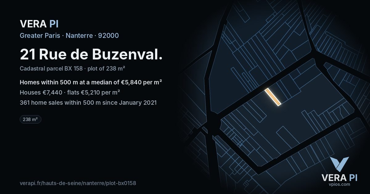 21 Rue de Buzenval, Nanterre at night – the plot lit, the parcels around coloured by the prices near them