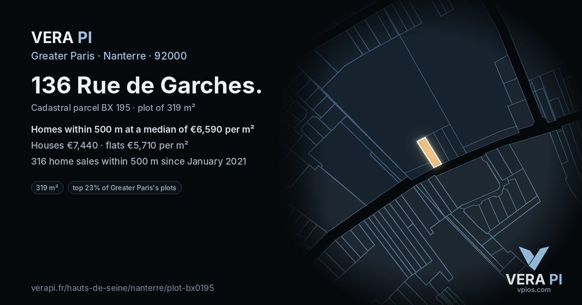 136 Rue de Garches, Nanterre at night – the plot lit, the parcels around coloured by the prices near them