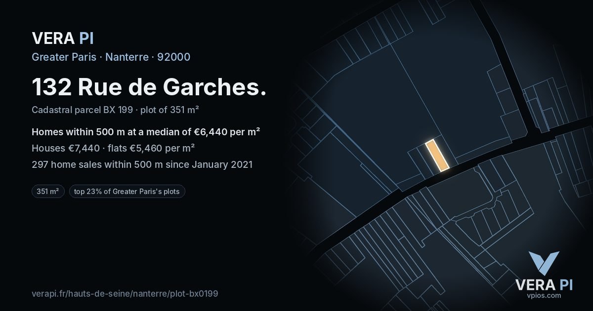 132 Rue de Garches, Nanterre at night – the plot lit, the parcels around coloured by the prices near them