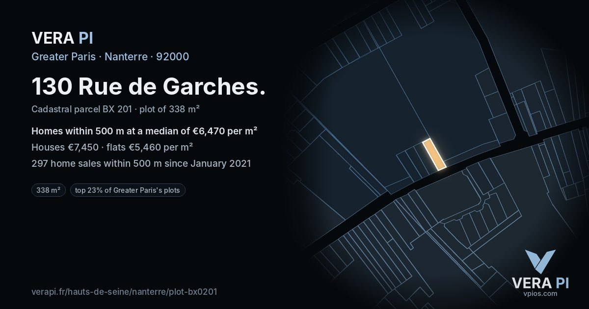 130 Rue de Garches, Nanterre at night – the plot lit, the parcels around coloured by the prices near them