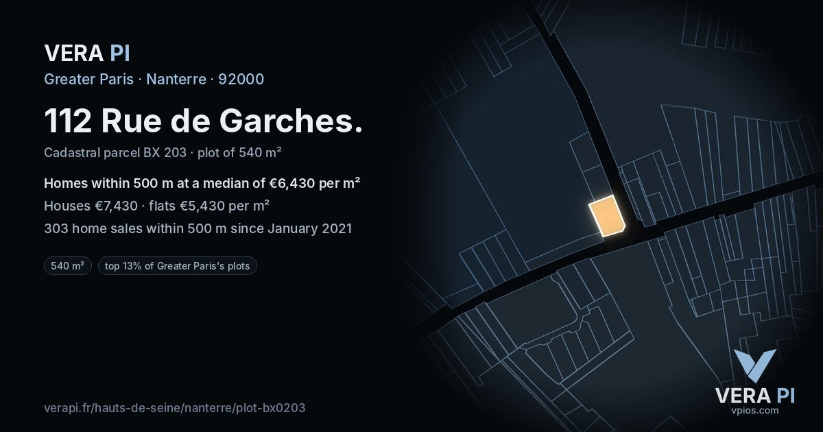 112 Rue de Garches, Nanterre at night – the plot lit, the parcels around coloured by the prices near them
