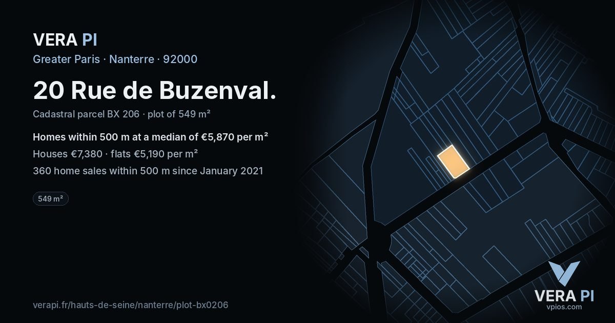 20 Rue de Buzenval, Nanterre at night – the plot lit, the parcels around coloured by the prices near them