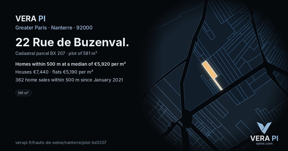 22 Rue de Buzenval, Nanterre at night – the plot lit, the parcels around coloured by the prices near them
