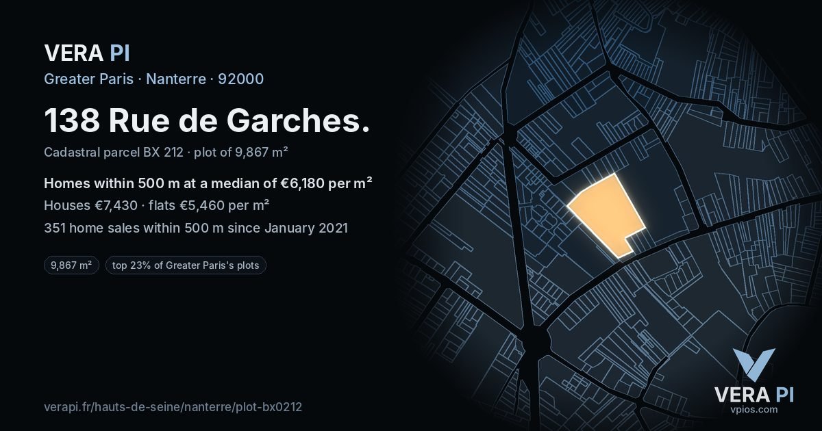 138 Rue de Garches, Nanterre at night – the plot lit, the parcels around coloured by the prices near them