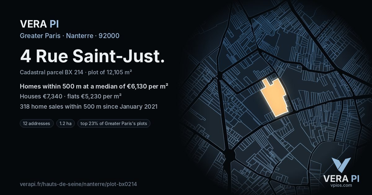4 Rue Saint-Just, Nanterre at night – the plot lit, the parcels around coloured by the prices near them