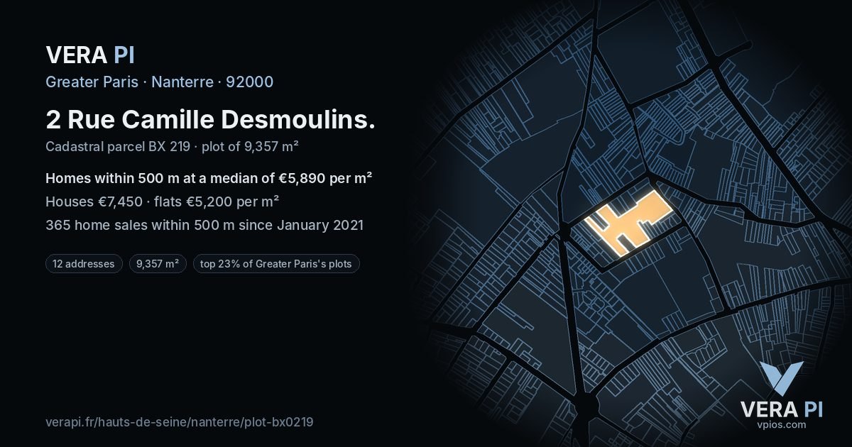2 Rue Camille Desmoulins, Nanterre at night – the plot lit, the parcels around coloured by the prices near them