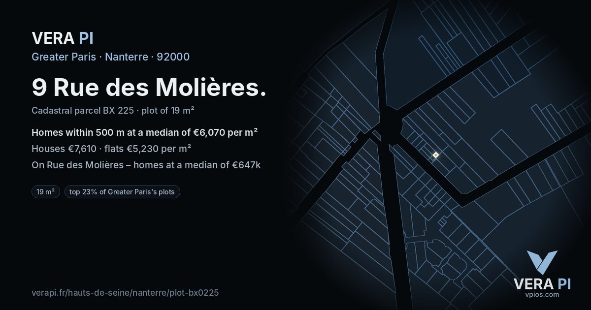9 Rue des Molières, Nanterre at night – the plot lit, the parcels around coloured by the prices near them