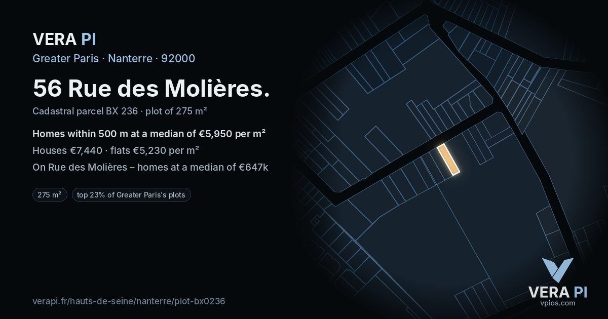 56 Rue des Molières, Nanterre at night – the plot lit, the parcels around coloured by the prices near them