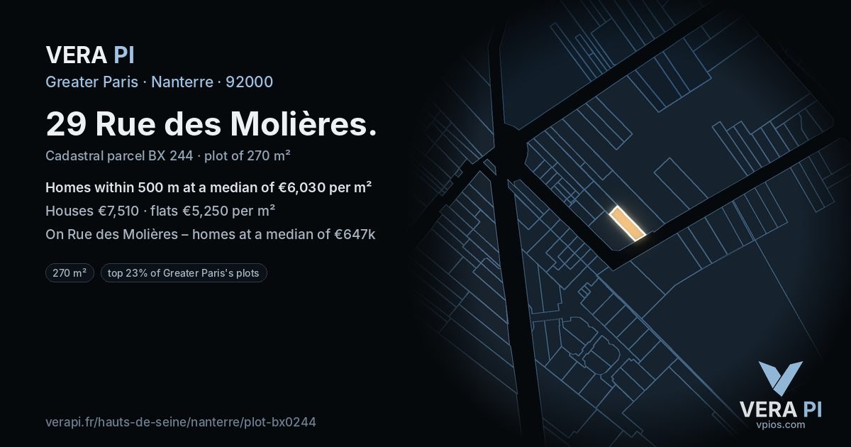 29 Rue des Molières, Nanterre at night – the plot lit, the parcels around coloured by the prices near them