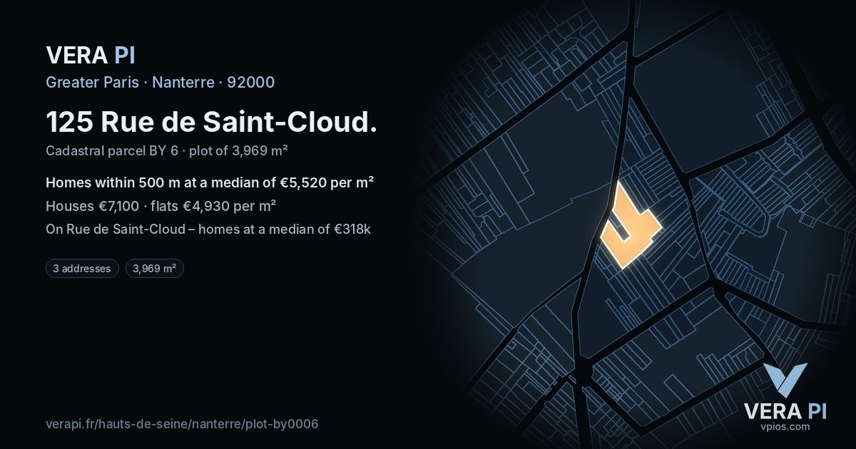 125 Rue de Saint-Cloud, Nanterre at night – the plot lit, the parcels around coloured by the prices near them