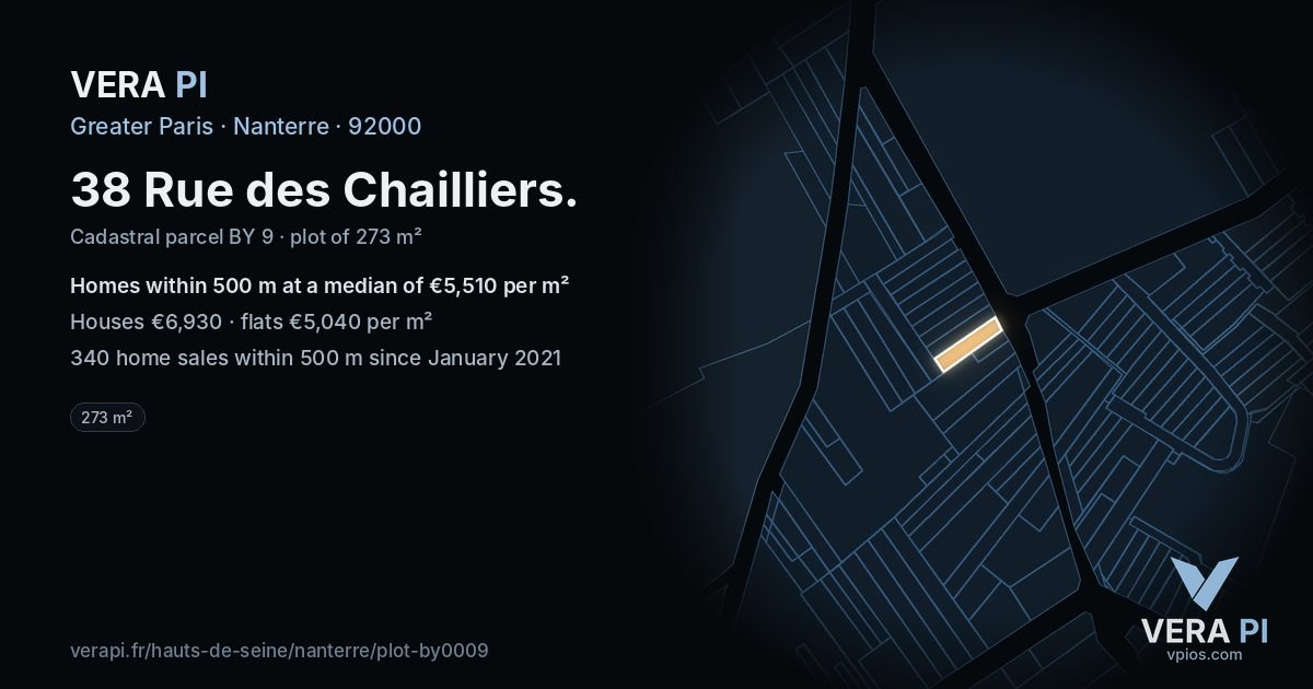38 Rue des Chailliers, Nanterre at night – the plot lit, the parcels around coloured by the prices near them
