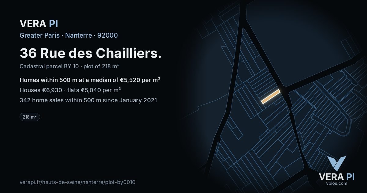 36 Rue des Chailliers, Nanterre at night – the plot lit, the parcels around coloured by the prices near them