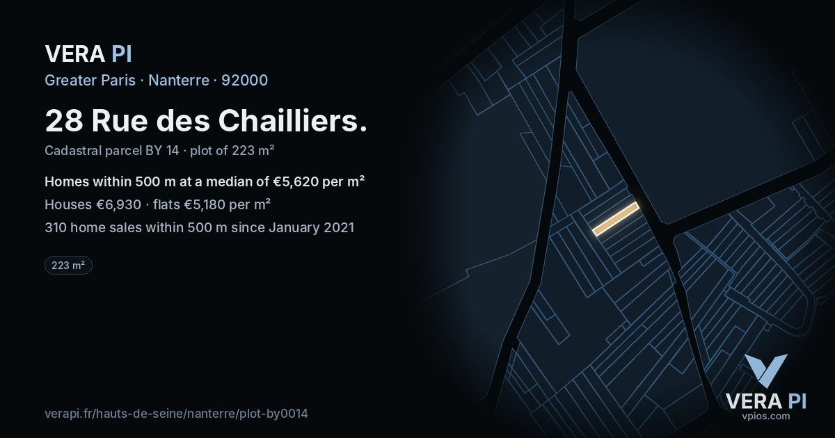 28 Rue des Chailliers, Nanterre at night – the plot lit, the parcels around coloured by the prices near them