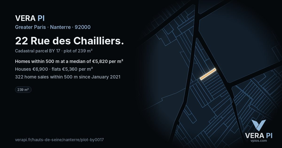22 Rue des Chailliers, Nanterre at night – the plot lit, the parcels around coloured by the prices near them