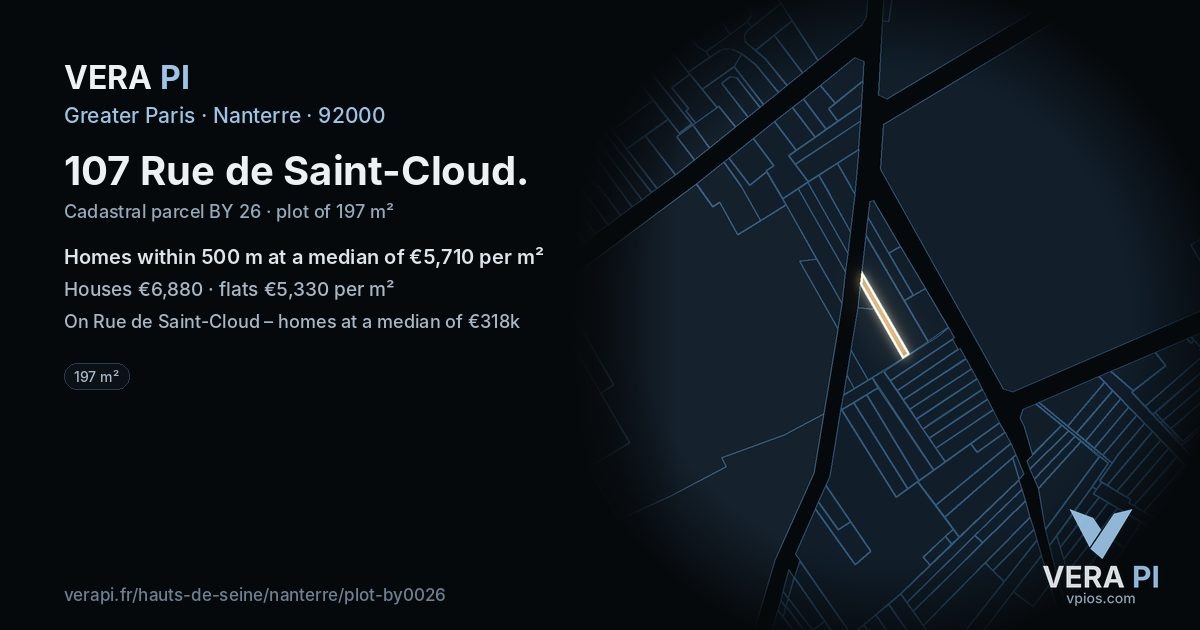 107 Rue de Saint-Cloud, Nanterre at night – the plot lit, the parcels around coloured by the prices near them