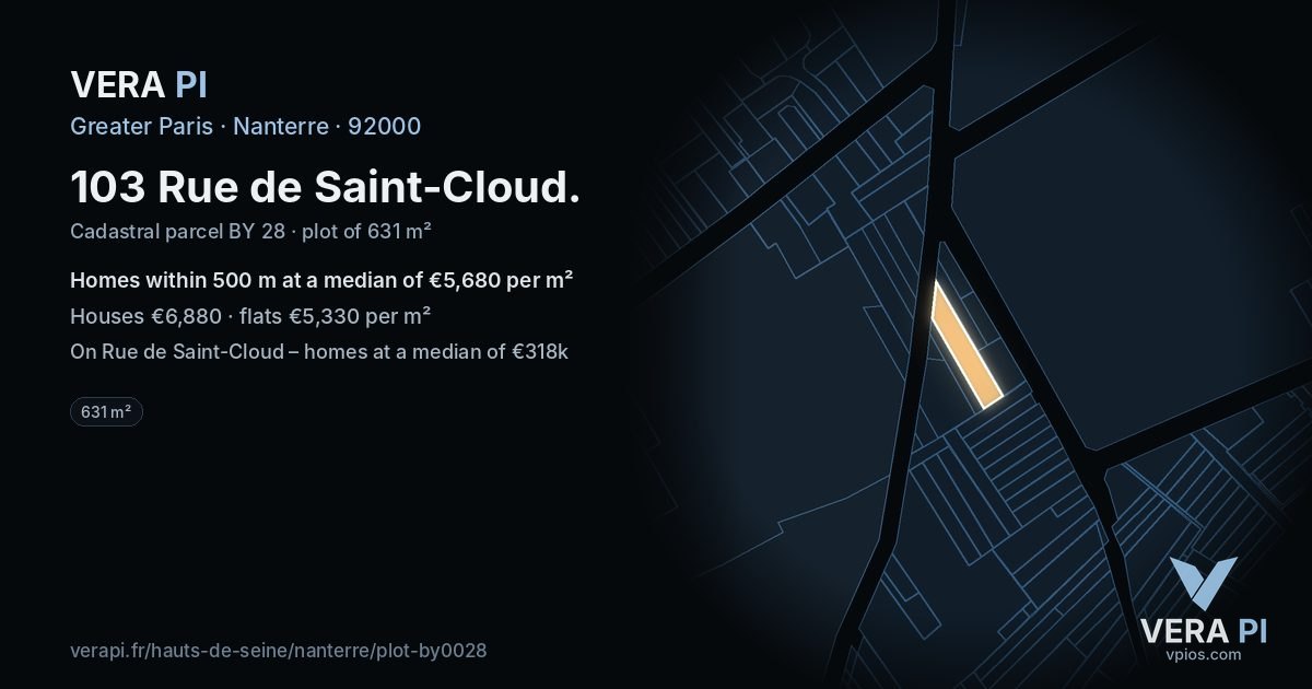 103 Rue de Saint-Cloud, Nanterre at night – the plot lit, the parcels around coloured by the prices near them