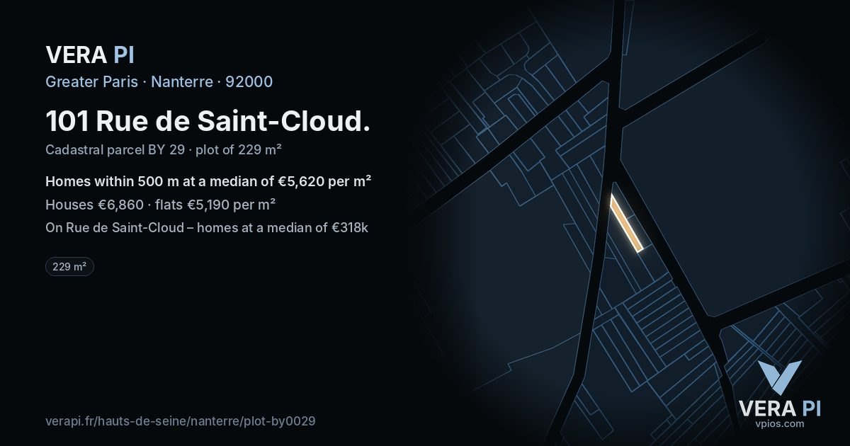 101 Rue de Saint-Cloud, Nanterre at night – the plot lit, the parcels around coloured by the prices near them