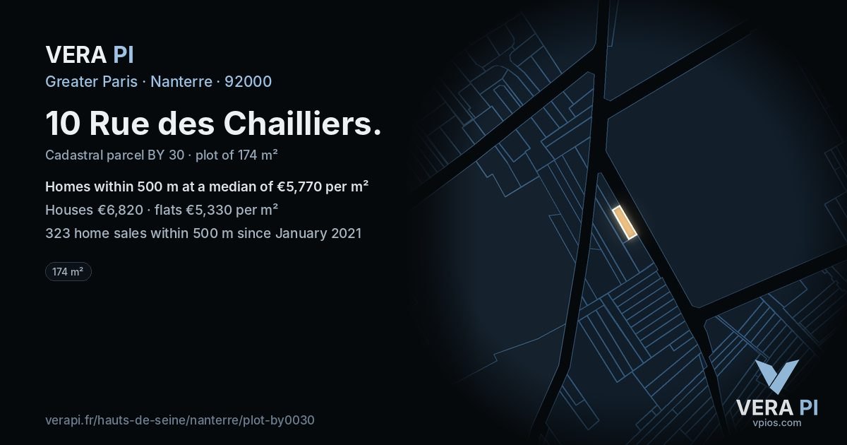 10 Rue des Chailliers, Nanterre at night – the plot lit, the parcels around coloured by the prices near them