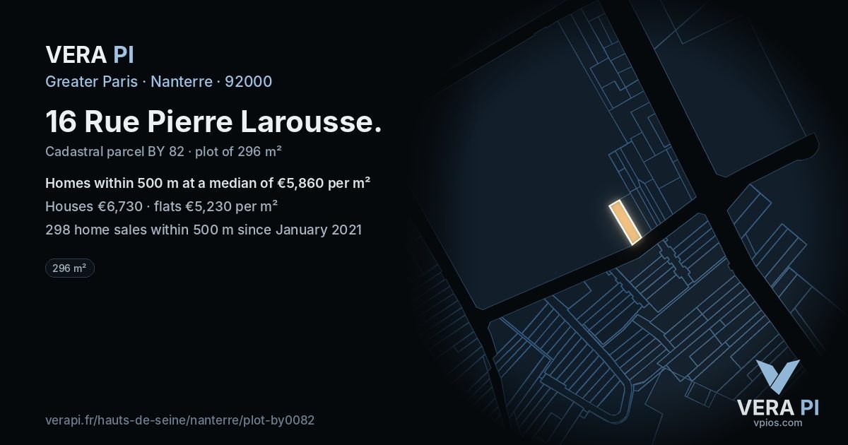 16 Rue Pierre Larousse, Nanterre at night – the plot lit, the parcels around coloured by the prices near them