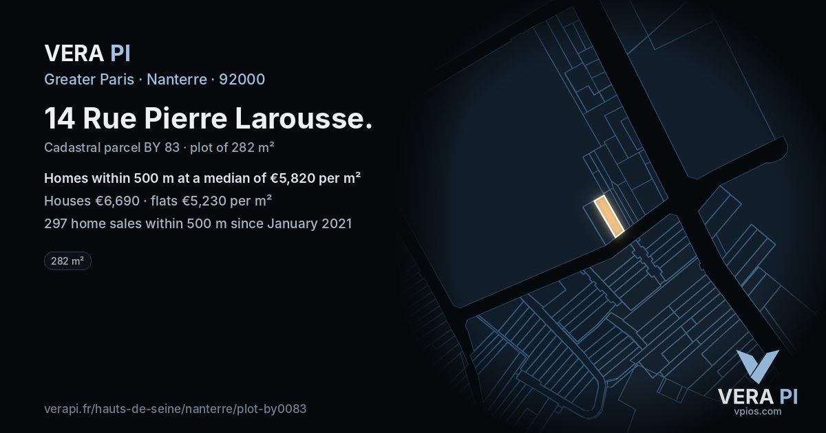 14 Rue Pierre Larousse, Nanterre at night – the plot lit, the parcels around coloured by the prices near them
