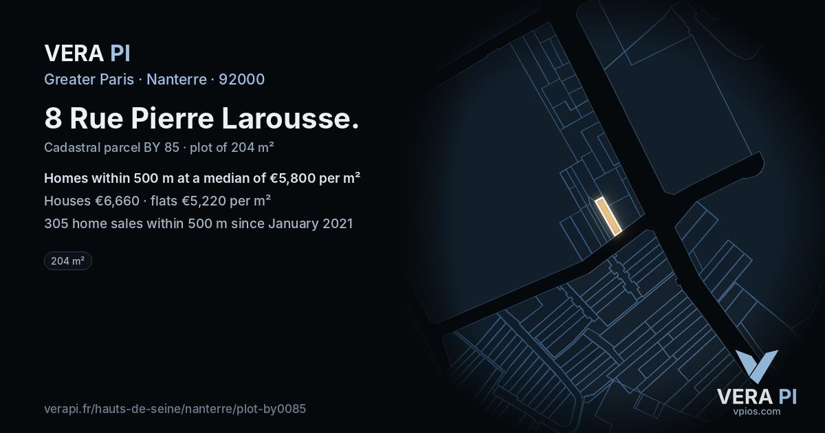 8 Rue Pierre Larousse, Nanterre at night – the plot lit, the parcels around coloured by the prices near them