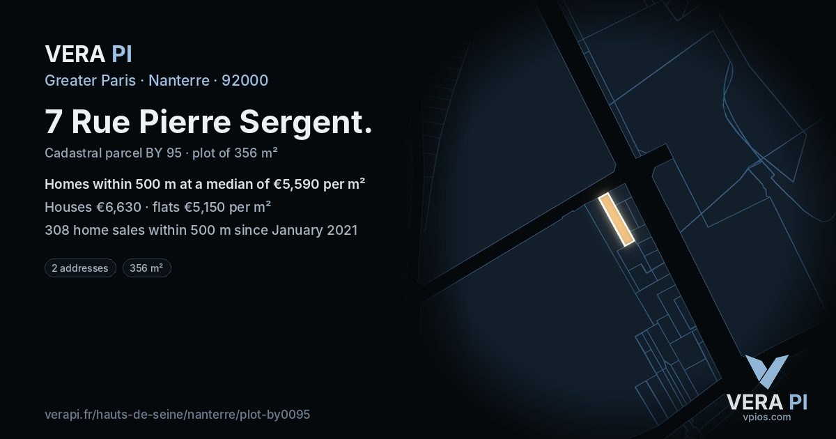 7 Rue Pierre Sergent, Nanterre at night – the plot lit, the parcels around coloured by the prices near them