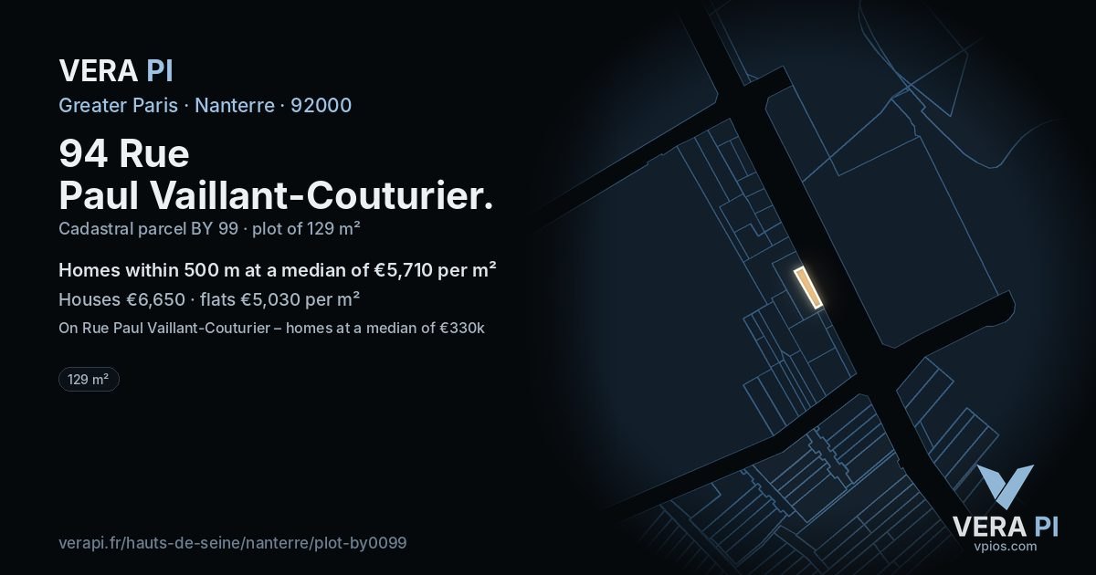 94 Rue Paul Vaillant-Couturier, Nanterre at night – the plot lit, the parcels around coloured by the prices near them