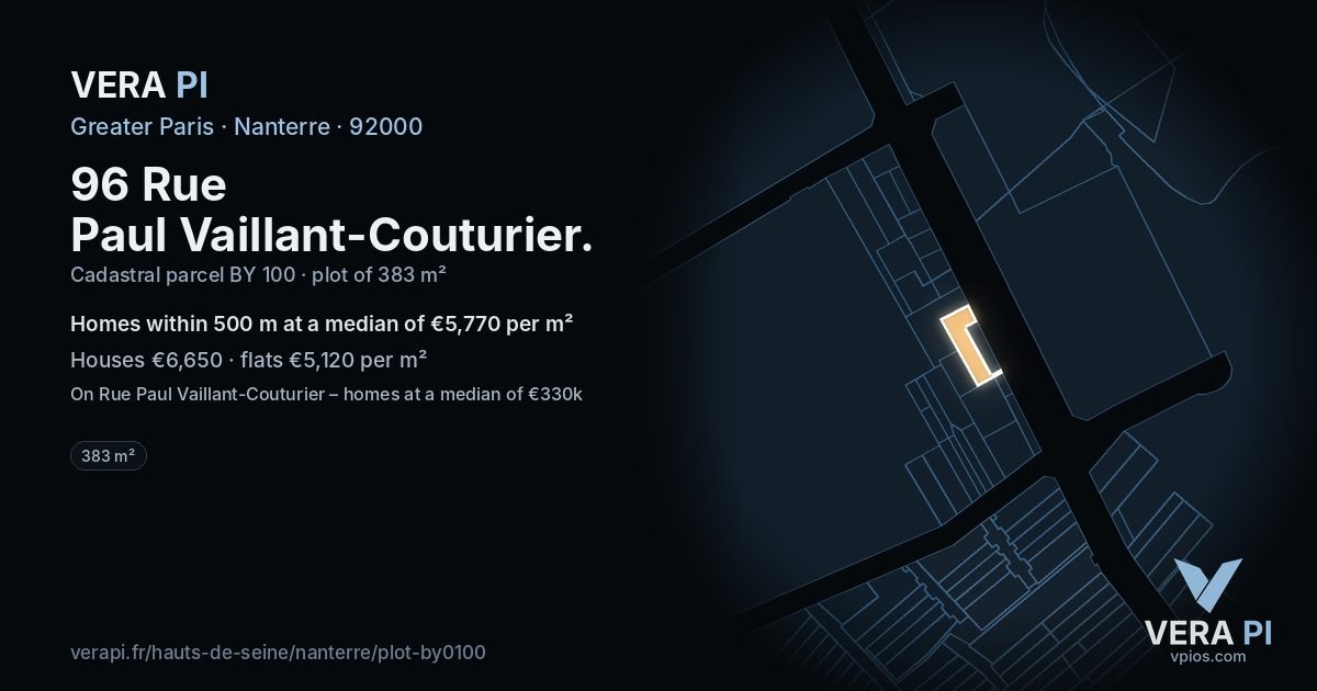 96 Rue Paul Vaillant-Couturier, Nanterre at night – the plot lit, the parcels around coloured by the prices near them