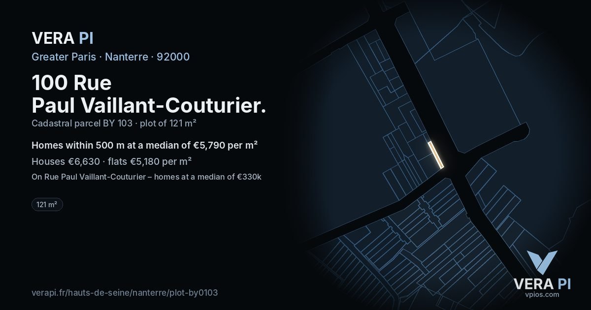 100 Rue Paul Vaillant-Couturier, Nanterre at night – the plot lit, the parcels around coloured by the prices near them