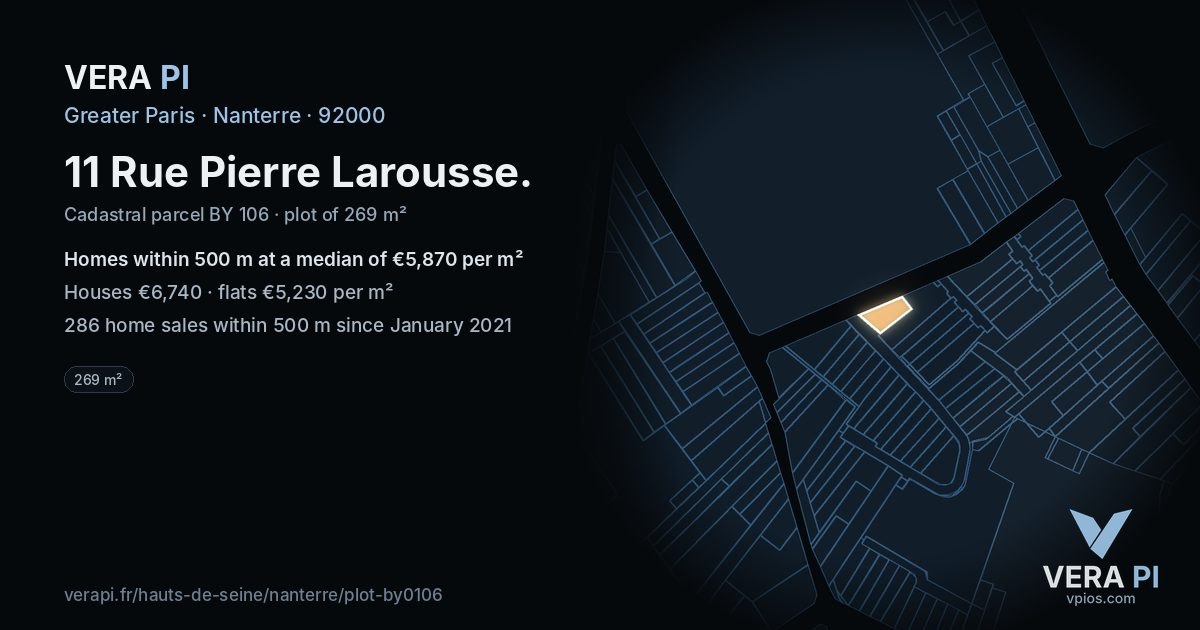11 Rue Pierre Larousse, Nanterre at night – the plot lit, the parcels around coloured by the prices near them