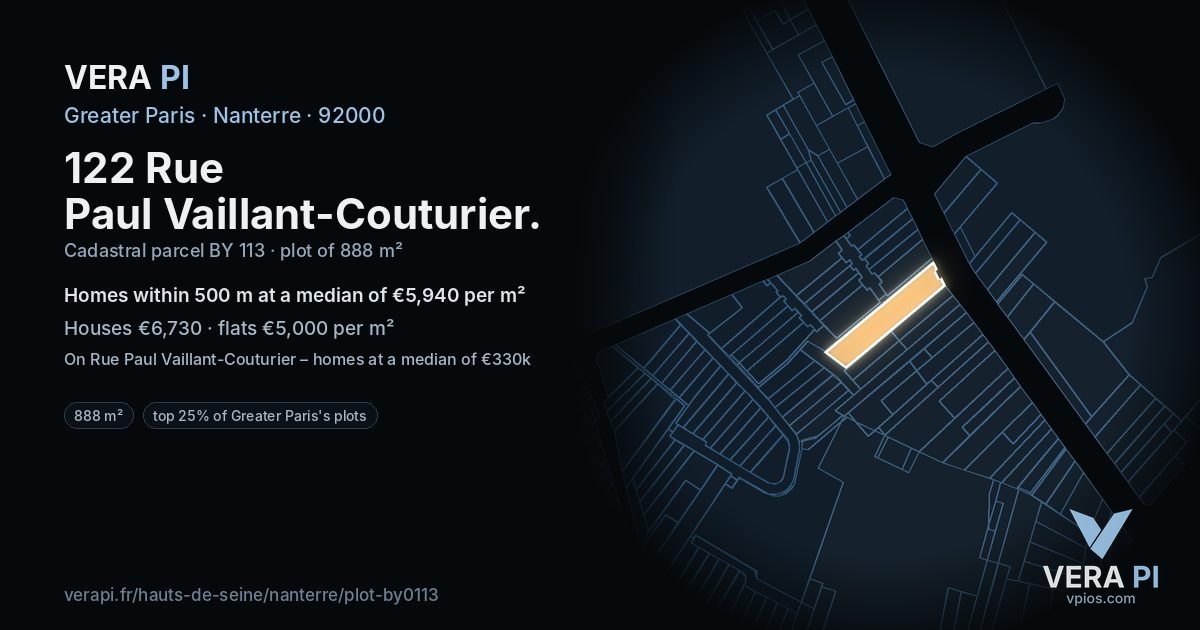 122 Rue Paul Vaillant-Couturier, Nanterre at night – the plot lit, the parcels around coloured by the prices near them