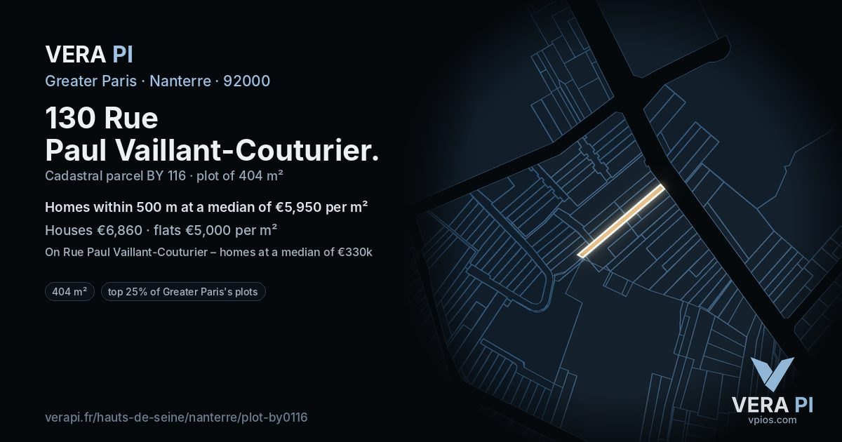 130 Rue Paul Vaillant-Couturier, Nanterre at night – the plot lit, the parcels around coloured by the prices near them