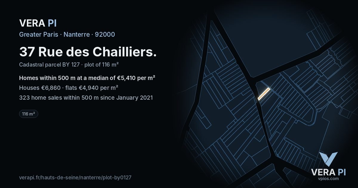 37 Rue des Chailliers, Nanterre at night – the plot lit, the parcels around coloured by the prices near them