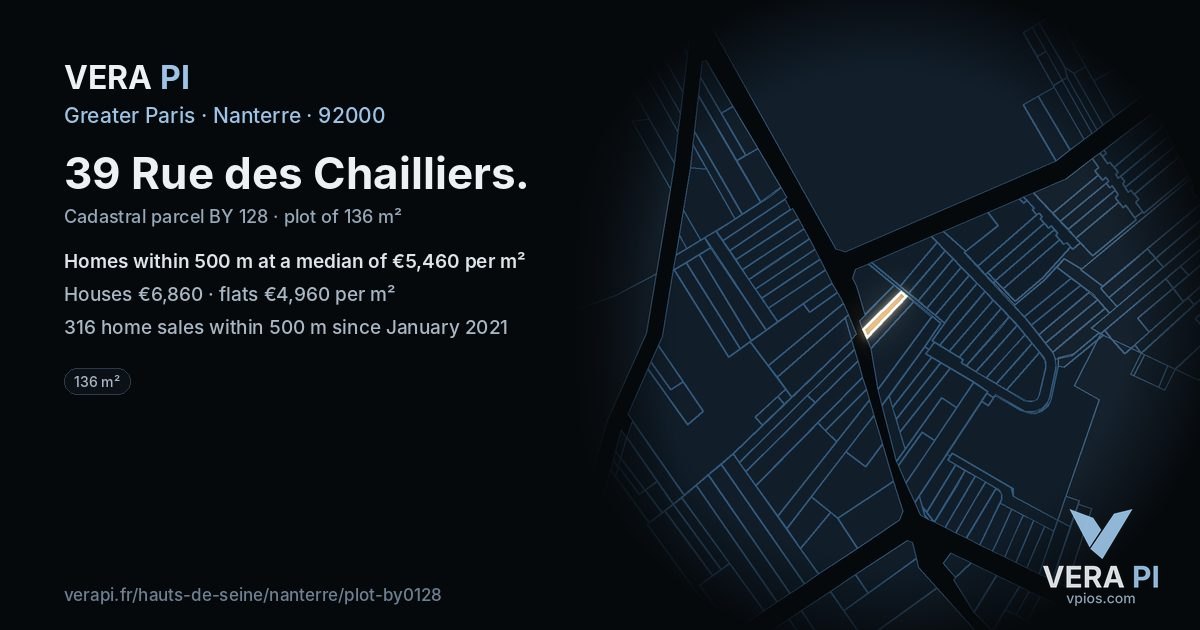 39 Rue des Chailliers, Nanterre at night – the plot lit, the parcels around coloured by the prices near them