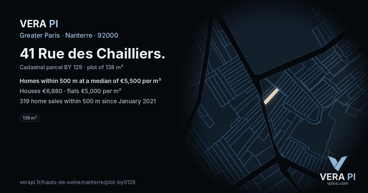 41 Rue des Chailliers, Nanterre at night – the plot lit, the parcels around coloured by the prices near them