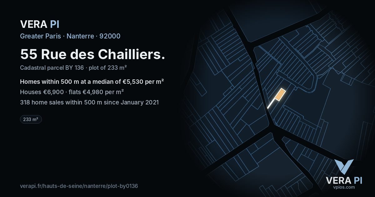55 Rue des Chailliers, Nanterre at night – the plot lit, the parcels around coloured by the prices near them