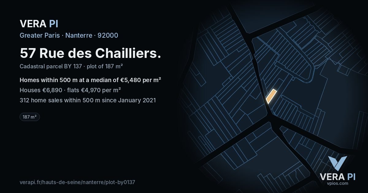 57 Rue des Chailliers, Nanterre at night – the plot lit, the parcels around coloured by the prices near them