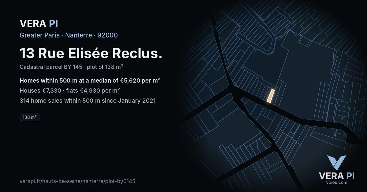 13 Rue Elisée Reclus, Nanterre at night – the plot lit, the parcels around coloured by the prices near them