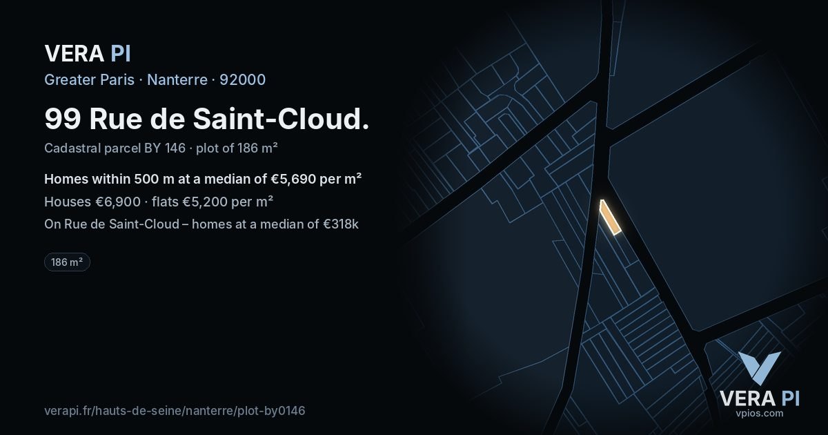 99 Rue de Saint-Cloud, Nanterre at night – the plot lit, the parcels around coloured by the prices near them