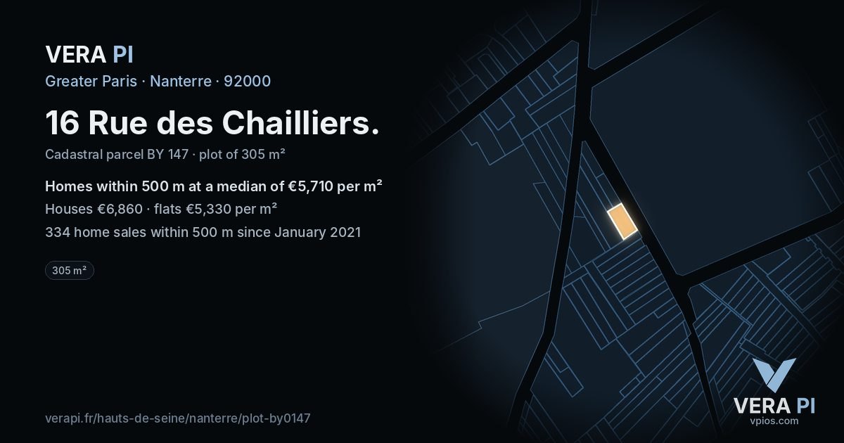 16 Rue des Chailliers, Nanterre at night – the plot lit, the parcels around coloured by the prices near them