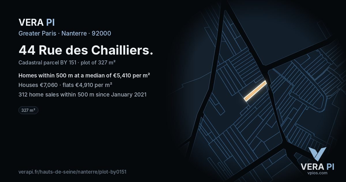44 Rue des Chailliers, Nanterre at night – the plot lit, the parcels around coloured by the prices near them